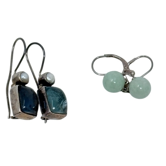 LOT Of Two Sterling Silver Earrings Pearl And Jewel Stone Sea Green Color Tone - Picture 1 of 9